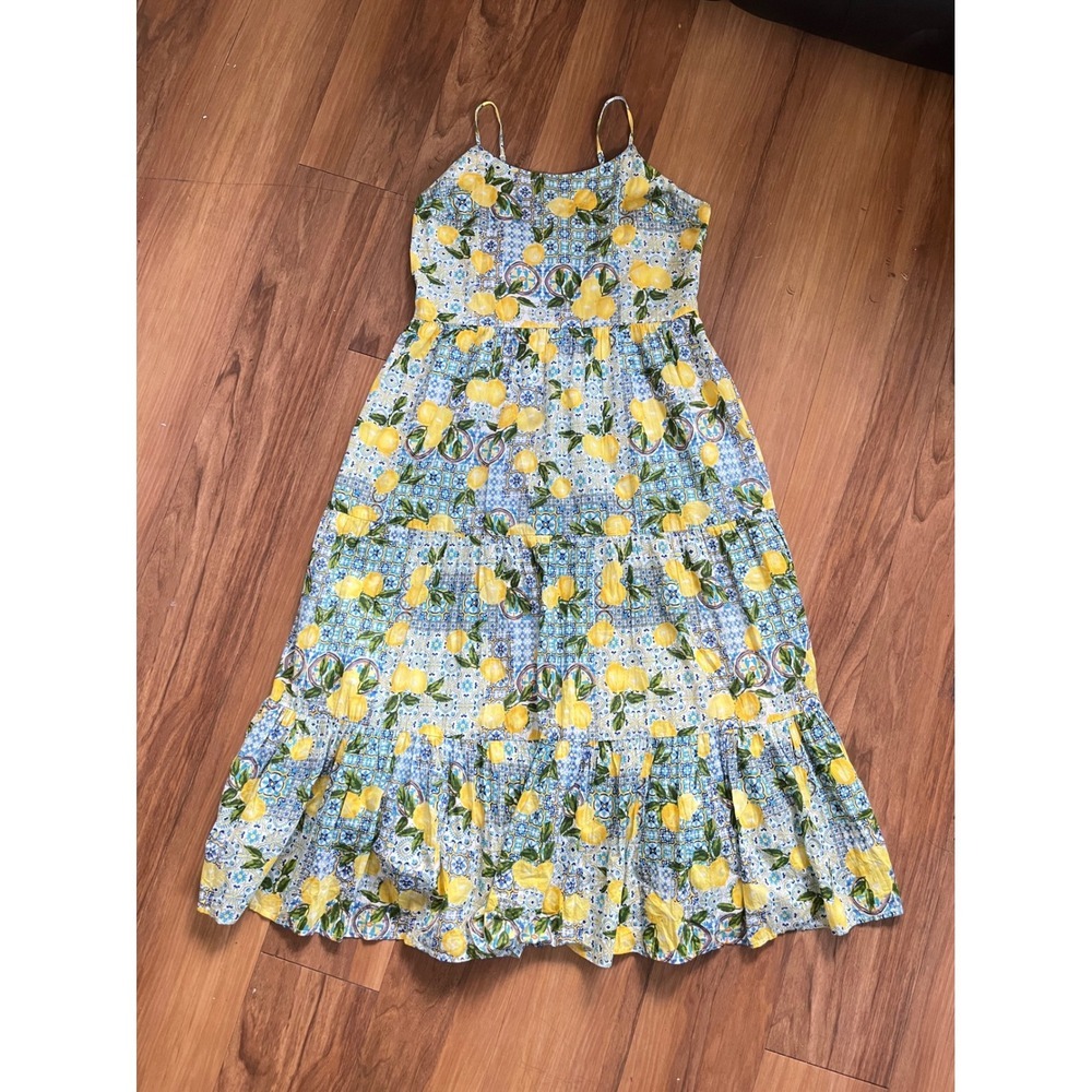 Primark Cottagecore Blue Tile Lemon Print Cottagecore maxi Dress Smocked Back 14
